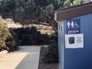 sign showing directions to handicapped portable restroom