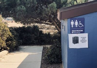 sign showing directions to handicapped portable restroom